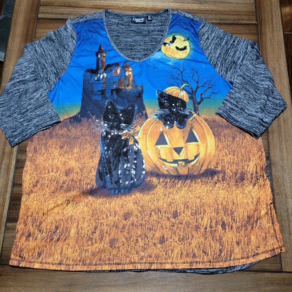 Onque Casual LS Halloween Sweater Sequin Black Cats & Pumpkins - Size 2X